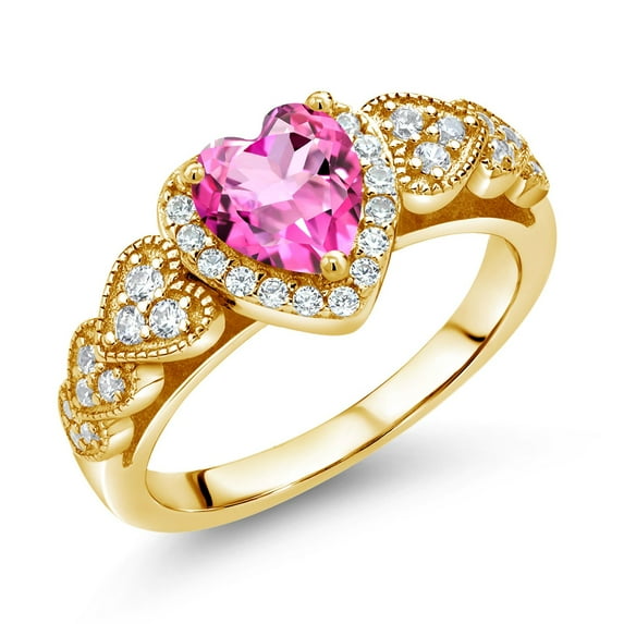Gem Stone King 1.38 Ct Heart Shape Pink Mystic Topaz 18K Yellow Gold Plated Silver Ring