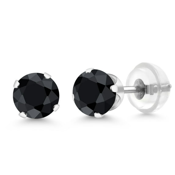 Gem Stone King 1.38 Ct Round 5mm Black Sapphire 10K White Gold Stud Earrings for Women Men
