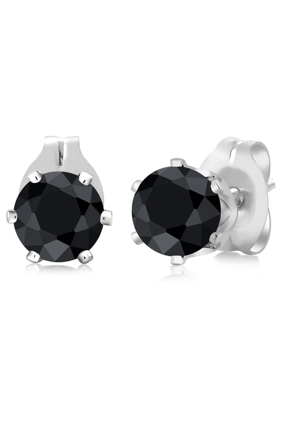 1.38 Ct Round 5mm Black Sapphire Brass Silver Plated Brass Stud Earrings for Women Men