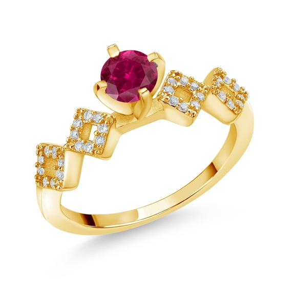 Gem Stone King 1.38 Ct Round Red Created Ruby 18K Yellow Gold Plated Silver Ring (Size 7)