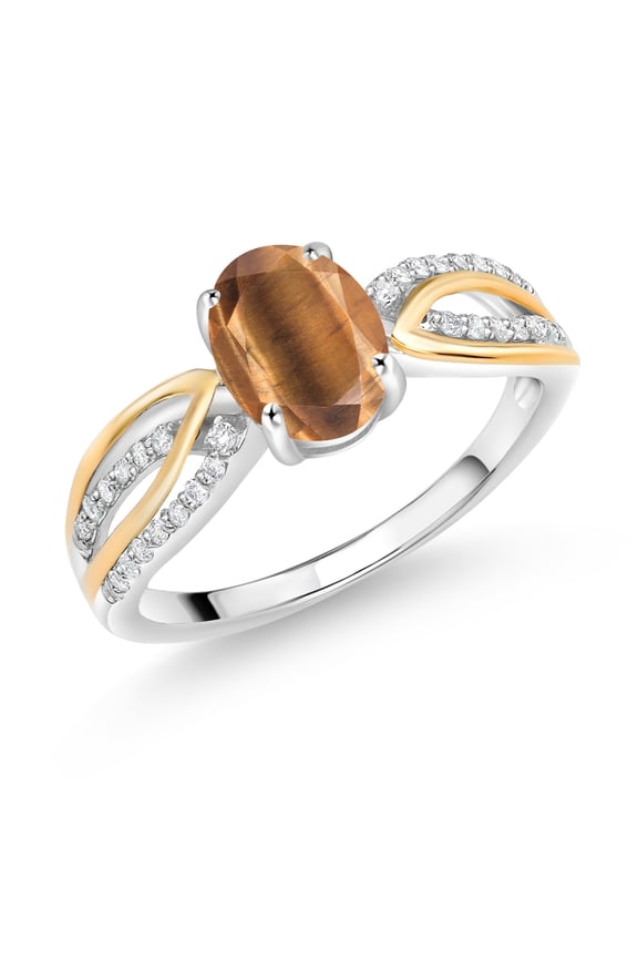1.39 Ct Brown Tiger Eye E-F Lab Grown Diamond 925 Silver and 10K Yellow Gold Ring