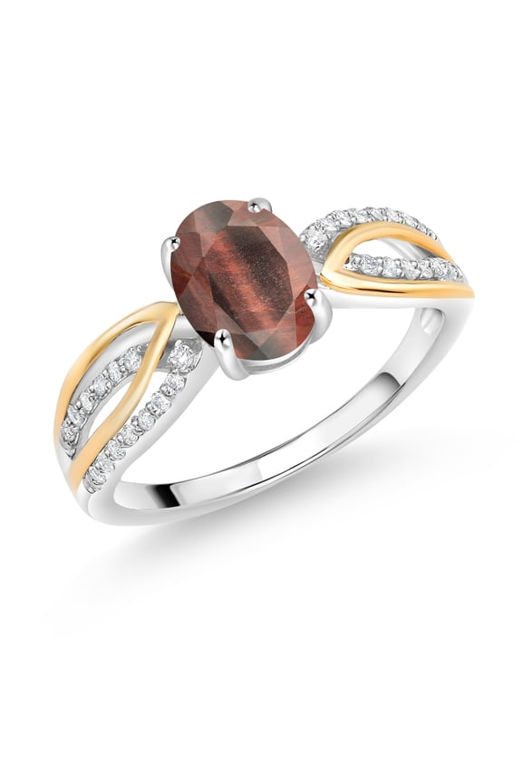 1.39 Ct Red Tiger Eye E-F Lab Grown Diamond 925 Silver and 10K Yellow Gold Ring