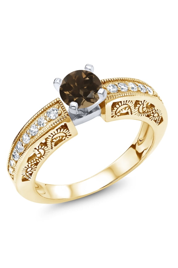 1.39 Ct Round Brown Smoky Quartz 18K Two-Tone Plated Sterling Silver Ring (Size 5)