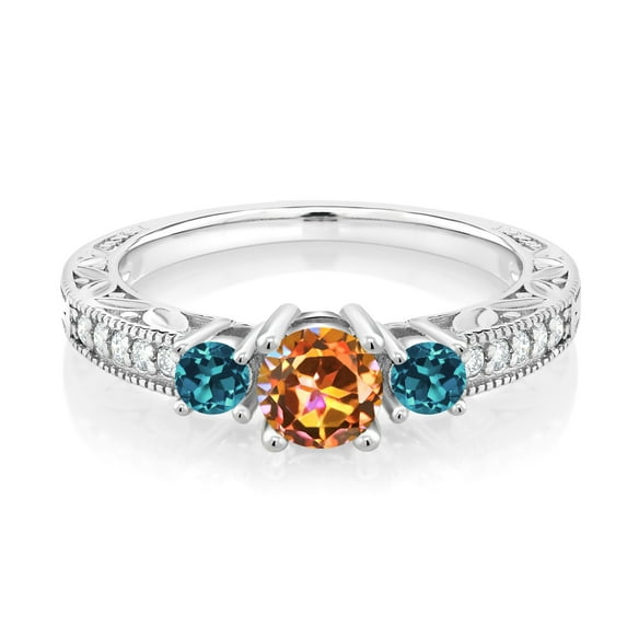 Gem Stone King 1.39 Cttw Round Ecstasy Mystic Topaz and London Blue Topaz 925 Sterling Silver Ring for Women | Wedding Engagement Anniversary Promise Ring for Women | Size 6