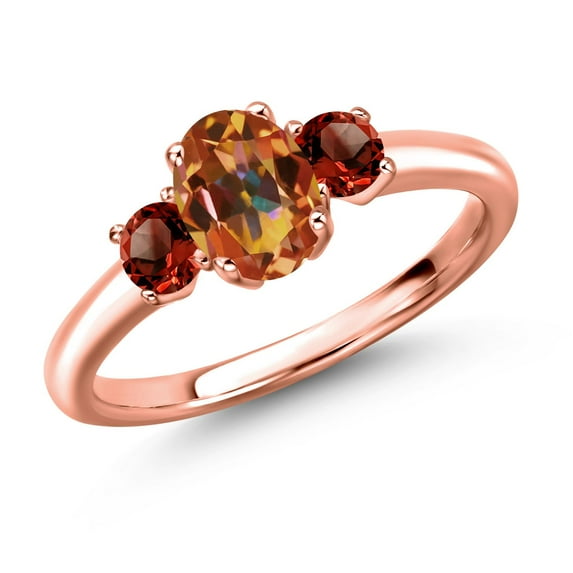 Gem Stone King 18K Rose Gold Plated Silver Ecstasy Mystic Topaz and Red Garnet Engagement Ring for Women | 1.40 Cttw | Oval 7X5MM | Gemstone November Birthstone | Size 8