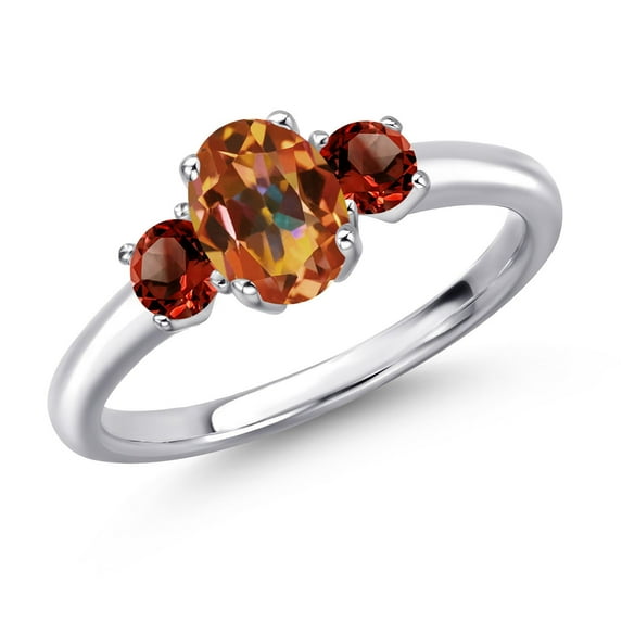 Gem Stone King 925 Sterling Silver Ecstasy Mystic Topaz and Red Garnet Engagement Ring for Women | 1.40 Cttw | Oval 7X5MM | Gemstone November Birthstone | Size 6