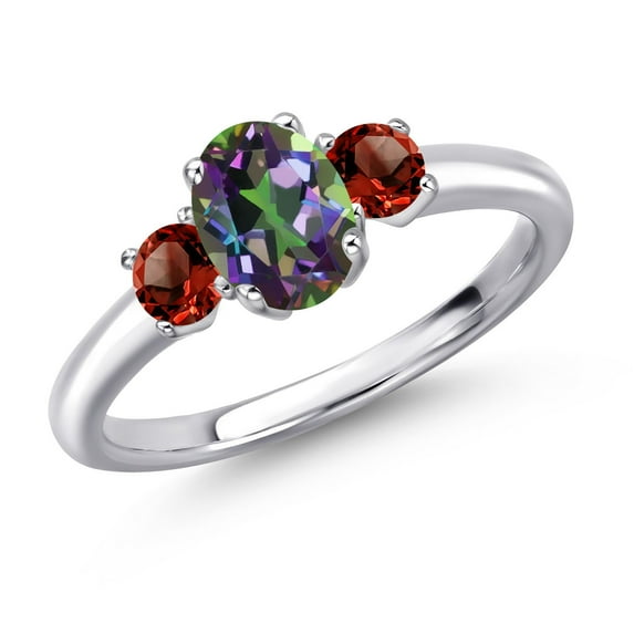 Gem Stone King 925 Sterling Silver Green Mystic Topaz and Red Garnet Engagement Ring for Women | 1.40 Cttw | Oval 7X5MM | Gemstone November Birthstone | Size 8