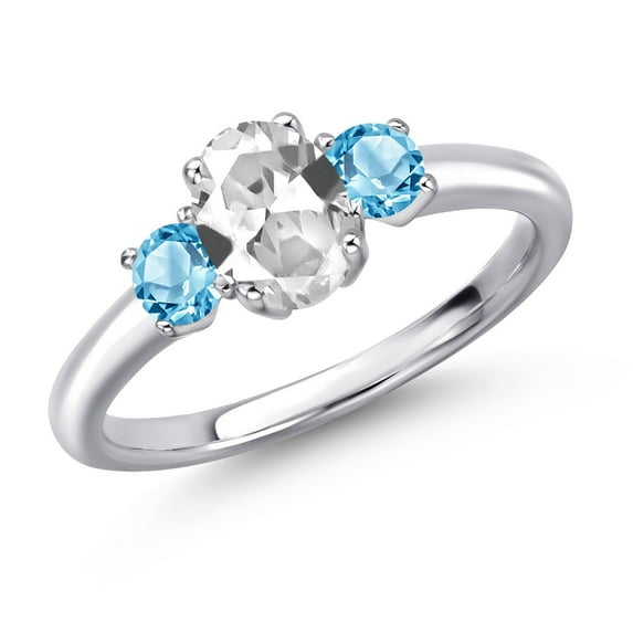 Gem Stone King 925 Sterling Silver White Created Sapphire and Swiss Blue Topaz Engagement Ring for Women | 1.40 Cttw | Oval 7X5MM | Gemstone September Birthstone | Size 7