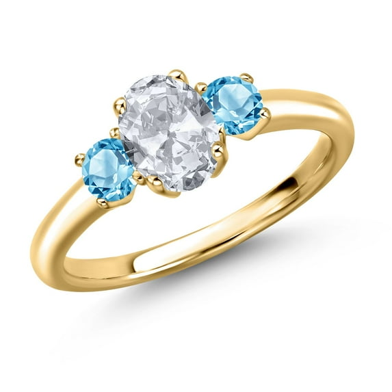 Gem Stone King 18K Yellow Gold Plated Silver White Topaz and Swiss Blue Topaz Engagement Ring for Women | 1.40 Cttw | Oval 7X5MM | Gemstone November Birthstone | Size 7