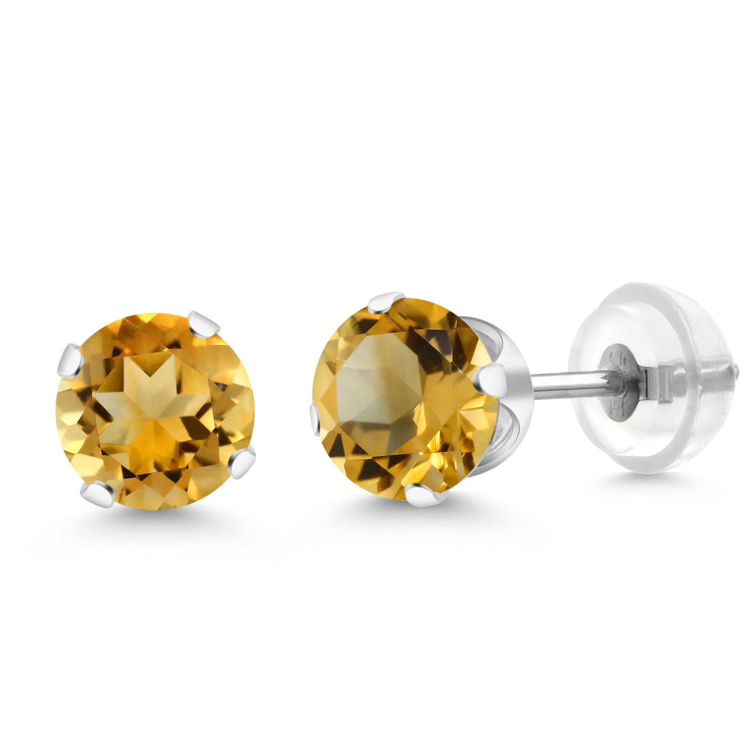 Gem Stone King 1.40 Ct Round 6mm Yellow Citrine 14K White Gold Stud Earrings for Women Men