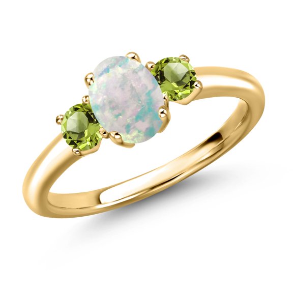 Gem Stone King 18K Yellow Gold Plated Silver Simulated White Opal and Green Peridot Engagement Ring for Women | 1.41 Cttw | Oval Cabochon 7X5MM | Gemstone October Birthstone | Size 9