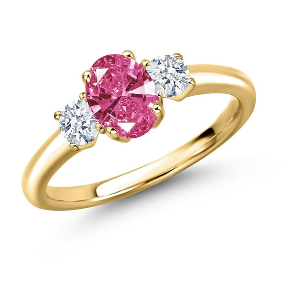 Gem Stone King 18K Yellow Gold Plated Silver Pink Zirconia and White Zirconia Engagement Ring for Women | 1.41 Cttw | Oval 7X5MM | Gemstone Birthstone | Size 5