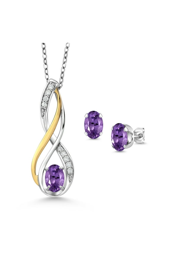 1.41 Ct Purple Amethyst E-F Lab Grown Diamond 925 Silver and 10K Yellow Gold Pendant and Earrings Jewelry Set