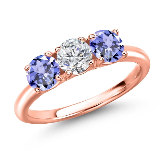 Gem Stone King 18K Rose Gold Plated Silver Lab Grown Diamond and Blue Tanzanite Engagement Ring for Women | 1.42 Cttw | Round 5MM | Gemstone April Birthstone | Size 6