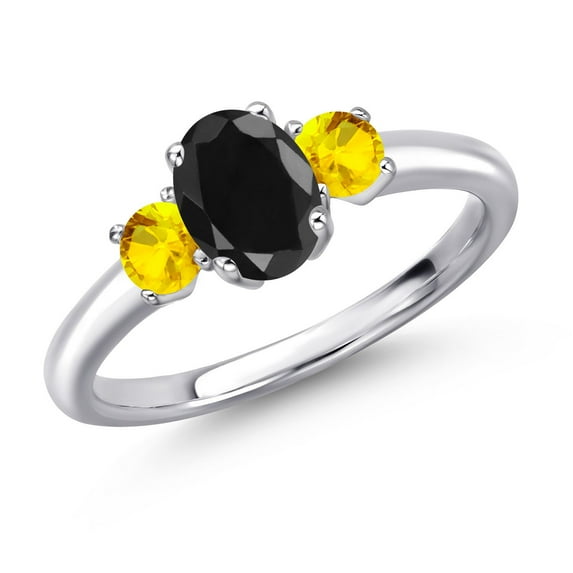 Gem Stone King 925 Sterling Silver Black Sapphire and Yellow Sapphire Engagement Ring for Women | 1.42 Cttw | Oval 7X5MM | Gemstone September Birthstone | Size 9