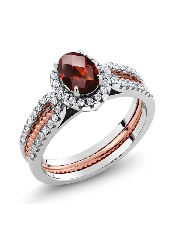 1.42 Ct Oval Garnet 925 Two-Tone Sterling Silver Wedding Band Insert Stackable Ring (Size 9)