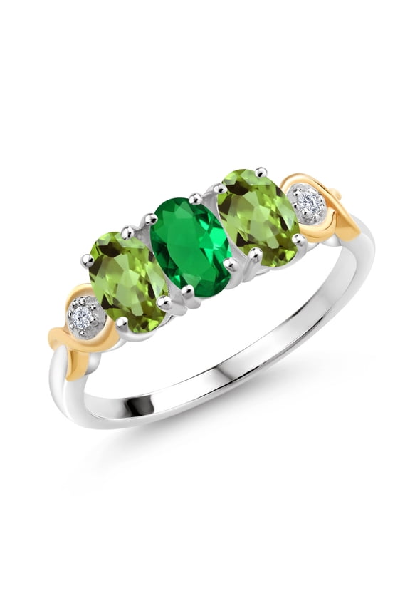 1.42 Ct Oval Green Nano Emerald Green Peridot 925 Silver and 10K Yellow Gold G-H Lab Grown Diamond Women Ring (Size 7)
