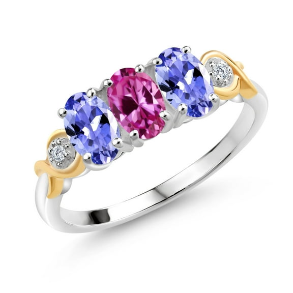 Gem Stone King 1.42 Ct Pink Created Sapphire Blue Tanzanite 925 Silver and 10K Yellow Gold G-H Lab Grown Diamond Women Ring (Size 5)