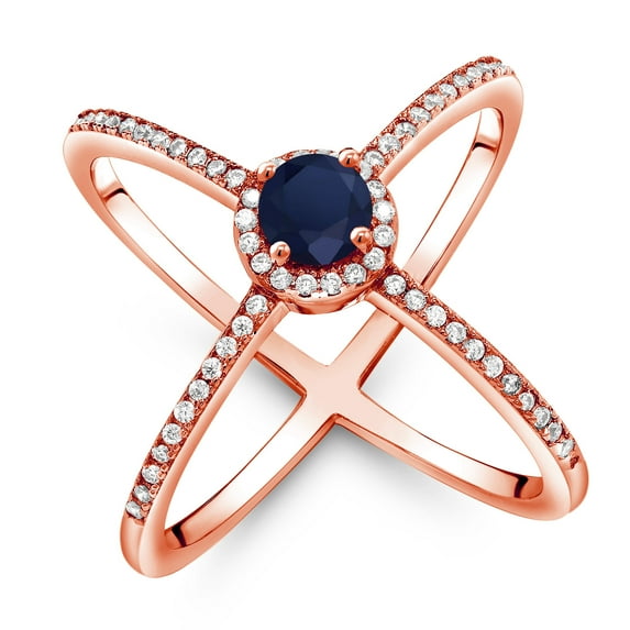 Gem Stone King 1.42 Ct Round Blue Sapphire 18K Rose Gold Plated Silver Criss Cross X Ring (Size 7)