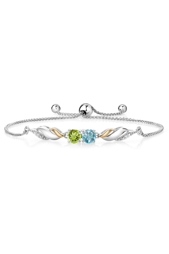 1.42 Ct Round Blue Zircon Green Peridot 925 Silver and 10K Yellow Gold Lab Grown Diamond Bracelet for Women