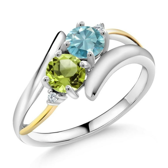 Gem Stone King 1.42 Ct Round Blue Zircon Green Peridot 925 Silver and 10K Yellow Gold Ring (Size 6)