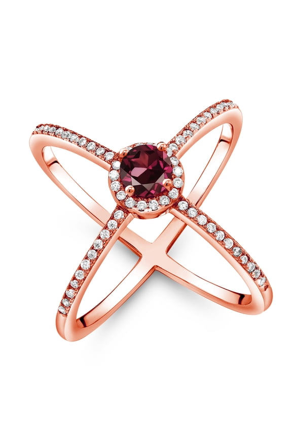 1.42 Ct Round Red Rhodolite Garnet 18K Rose Gold Plated Silver Criss Cross X Ring (Size 7)