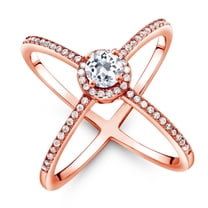 Gem Stone King 1.42 Ct Round White Topaz 18K Rose Gold Plated Silver Criss Cross X Ring (Size 7)