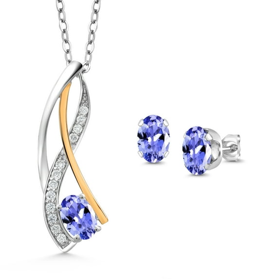 Gem Stone King 1.43 Ct Blue Tanzanite E-F Lab Grown Diamond 925 Silver and 10K Yellow Gold Wave Pendant and Earrings Jewelry Set