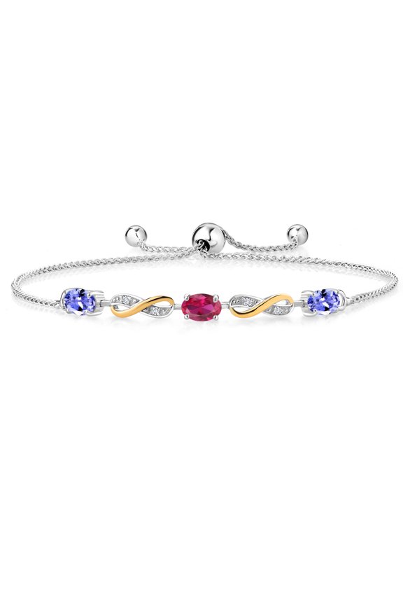 1.43 Ct Blue Tanzanite Red Created Ruby 925 Silver and 10K Yellow Gold Lab Grown Diamond Adjustable Infinity Bracelet for Women Mother's Mom Wife Her