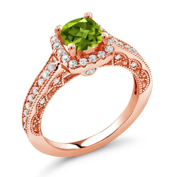 Gem Stone King 1.43 Ct Green Peridot White Created Sapphire 18K Rose Gold Plated Silver Ring