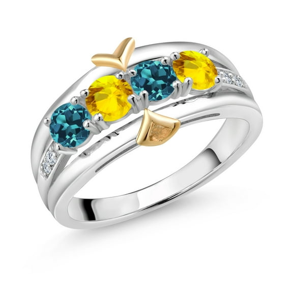 Gem Stone King 1.43 Ct London Blue Topaz Yellow Sapphire 925 Silver and 10K Yellow Gold 4-Stone Lab Grown Diamond Band Ring (Size 6)