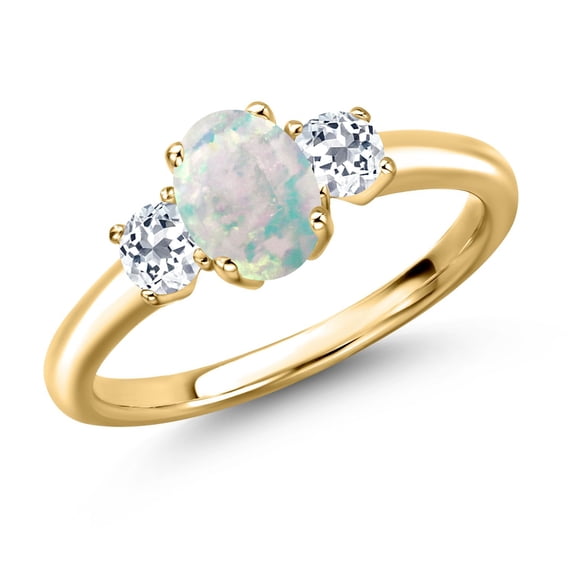 Gem Stone King 18K Yellow Gold Plated Silver Simulated White Opal and White Topaz Engagement Ring for Women | 1.43 Cttw | Oval Cabochon 7X5MM | Gemstone October Birthstone | Size 9