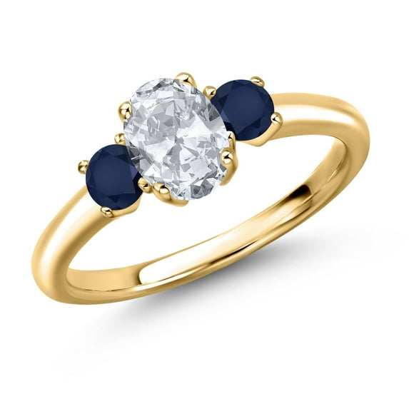 Gem Stone King 18K Yellow Gold Plated Silver White Topaz and Blue Sapphire Engagement Ring for Women | 1.44 Cttw | Oval 7X5MM | Gemstone November Birthstone | Size 5