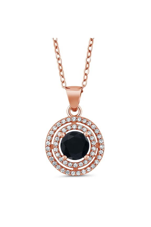 1.44 Ct Round Black Onyx 18K Rose Gold Plated Silver Pendant with Chain