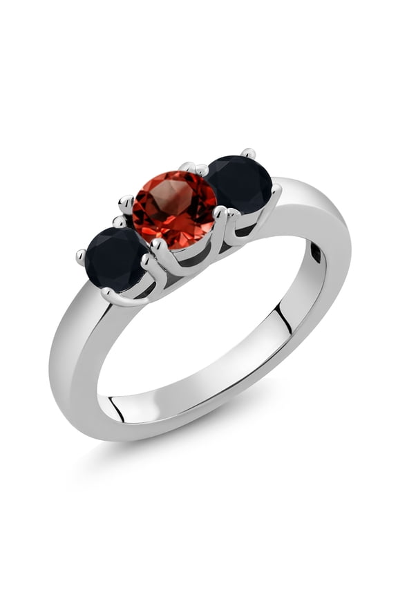 1.44 Ct Round Red Garnet Black Onyx 925 Sterling Silver Ring (Size 7)