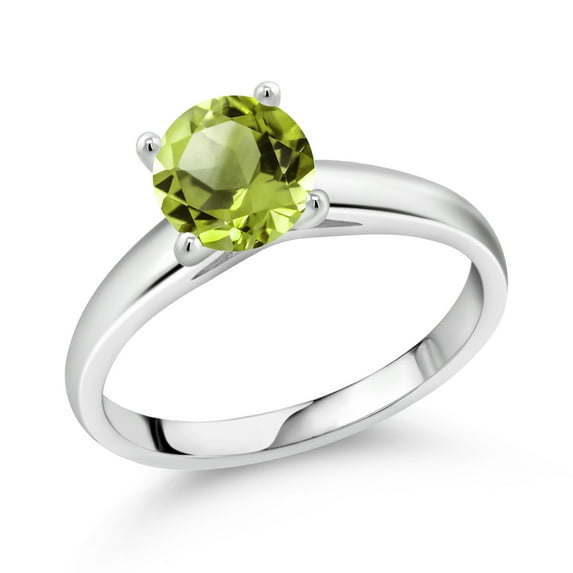 Gem Stone King 1.45 Ct 7mm Round Green Peridot 10K White Gold Ring (Size 7)