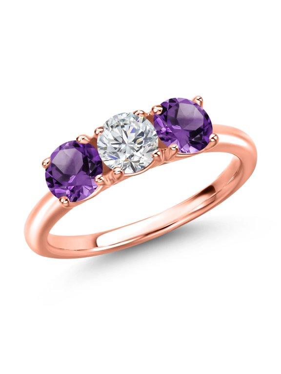 18K Rose Gold Plated Silver Lab Grown Diamond and Purple Amethyst Engagement Ring for Women | 1.45 Cttw | Round 5MM | Gemstone April Birthstone | Size 9