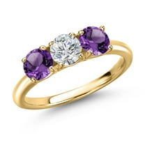 Gem Stone King 18K Yellow Gold Plated Silver Lab Grown Diamond and Purple Amethyst Engagement Ring for Women | 1.45 Cttw | Round 5MM | Gemstone April Birthstone | Size 8