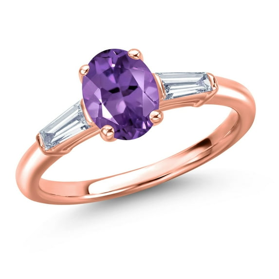 Gem Stone King 1.45 Ct Purple Amethyst G/H Lab Grown Diamond 18K Rose Gold Plated Silver Ring