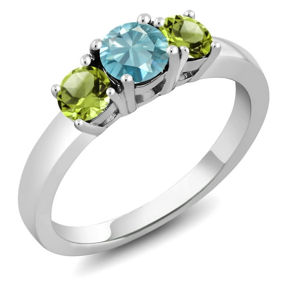 Gem Stone King 1.45 Ct Round Blue Zircon Green Peridot 925 Sterling Silver Ring (Size 7)