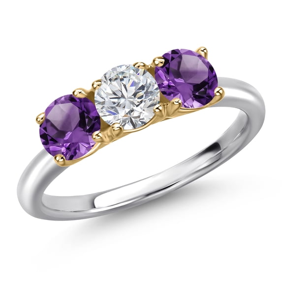 Gem Stone King 10K Two Tone Gold Lab Grown Diamond and Purple Amethyst Engagement Ring for Women | 1.45 Cttw | Round 5MM | Gemstone April Birthstone | Size 8