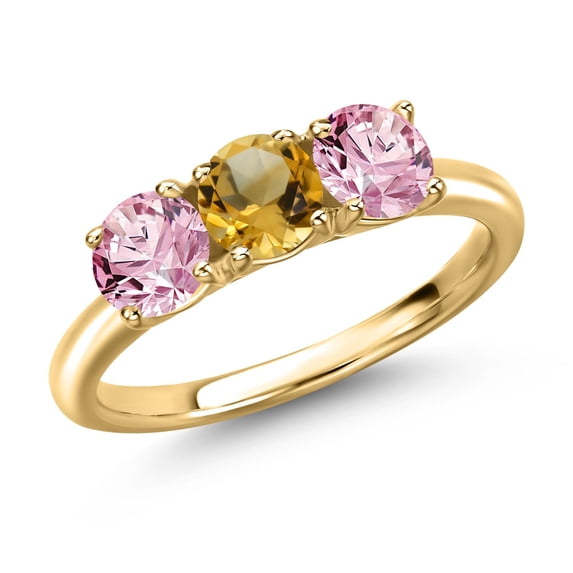 Gem Stone King 18K Yellow Gold Plated Silver Yellow Citrine and Pink Lab Grown Diamond Engagement Ring for Women | 1.45 Cttw | Round 5MM | Gemstone November Birthstone | Size 8