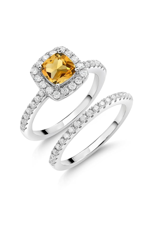 1.45 Cttw 6MM Cushion Yellow Citrine and White Moissanite Wedding Engagement Ring Band Bridal | 925 Sterling Silver | Gemstone Birthstone | Available in Size 5, 6, 7, 8, 9