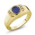 thumbnail image 1 of Gem Stone King 1.46 Ct Blue Lapis White Created Sapphire 18K Yellow Gold Plated Silver Dad Father's Day Gift Men's Ring, 1 of 6
