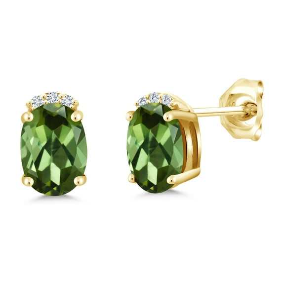 Gem Stone King 1.46 Ct Green Tourmaline E-F Lab Grown Diamond 18K Yellow Gold Plated Silver Earrings