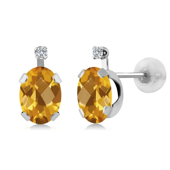 Gem Stone King 1.46 Ct Oval Checkerboard Yellow Citrine G/H Lab Grown Diamond 14K White Gold Earrings