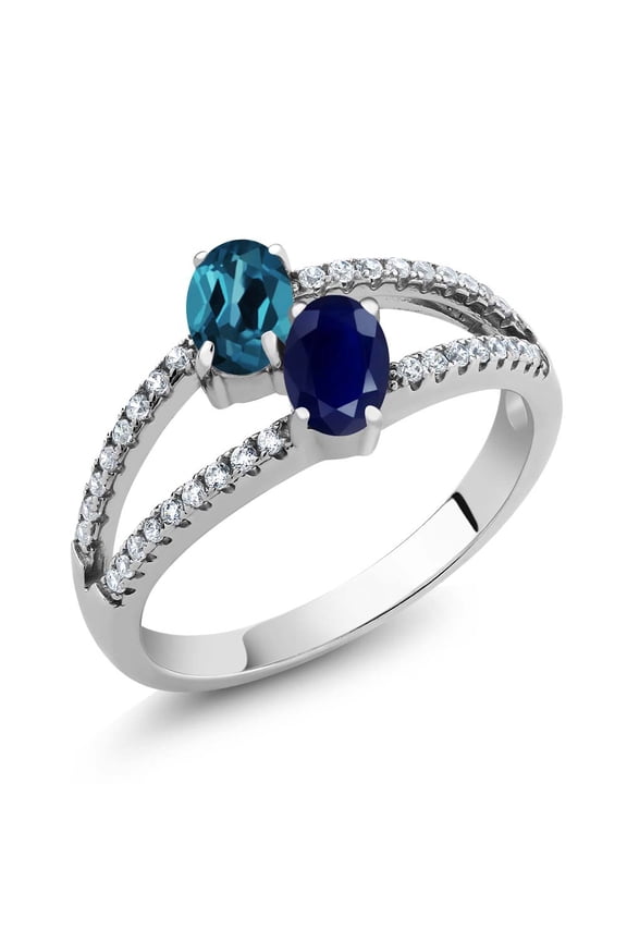 1.46 Ct Oval London Blue Topaz Blue Sapphire Two Stone 925 Sterling Silver Ring (Size 8)