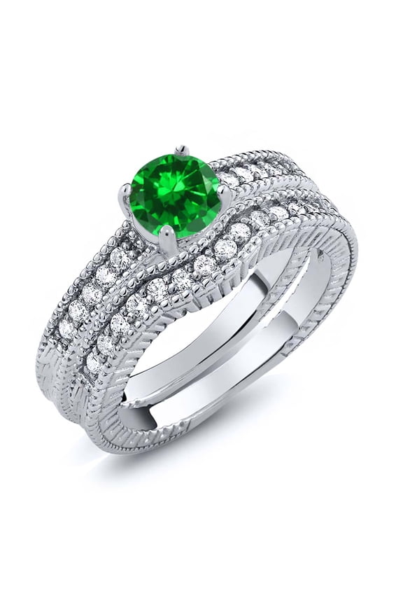 1.46 Ct Round Green Simulated Emerald Women's 925 Sterling Silver Engagement Ring Set (Size 5)