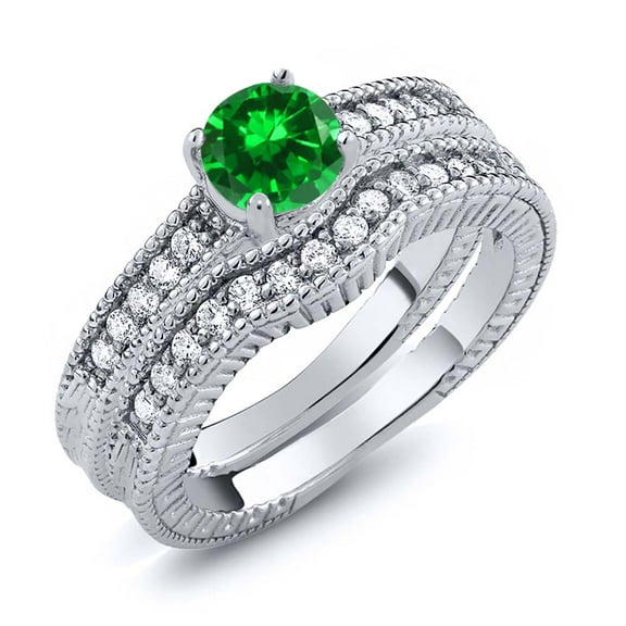 Gem Stone King 1.46 Ct Round Green Simulated Emerald Women's 925 Sterling Silver Engagement Ring Set (Size 5)
