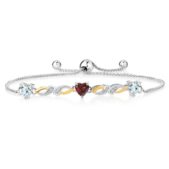 Gem Stone King 1.46 Ct Sky Blue Aquamarine Red Garnet 925 Silver and 10K Yellow Gold Bracelet for Women